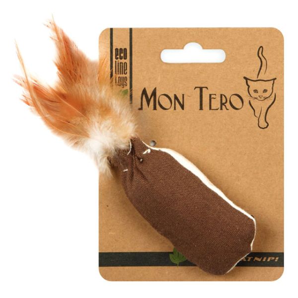 MON TERO ECO 8cm x 4cm cat toy bag with feathers with catnip green-brown